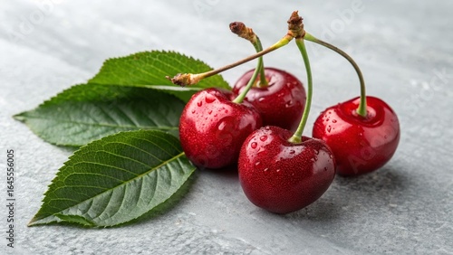Close-up Still Life Photography of Four Cherries with Green Leaves, Macro, Juicy, Red Fruit, Sweet, Nature, Food Photography Cherries