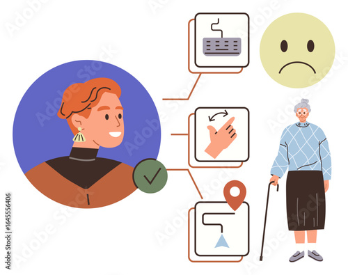 Elderly woman with cane, task icons for assistive tools keyboard use, gesture control, navigation. Ideal for accessibility, health tech, usability, aging support, innovation inclusivity simple flat