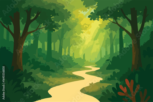 Enchanting forest path bathed in golden sunlight