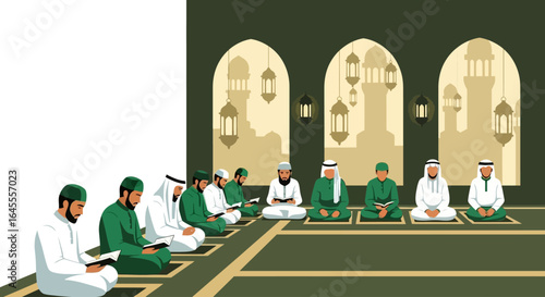 Muslim men in traditional attire sitting in rows inside a mosque, reading the Quran during a religious gathering.
