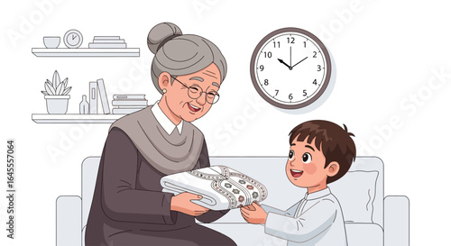 A loving grandmother gives her grandson a folded piece of clothing as they sit together on a sofa.