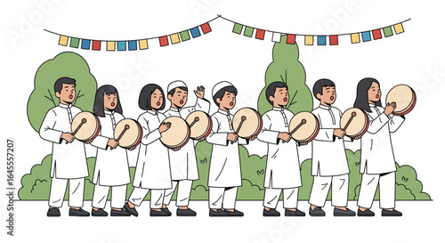 A group of children in traditional white clothing joyfully play frame drums together outdoors under festive bunting.