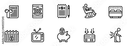 Collection of minimalist line icons depicting retirement, healthcare costs, and senior citizen lifestyle expenses.