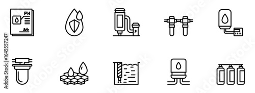 Clean Water Technology:  Modern Line Icons Set for Water Purification, Filtration, and Treatment Systems,  Illustrating  pH Levels,  Water Quality, and  Efficient  Solutions.