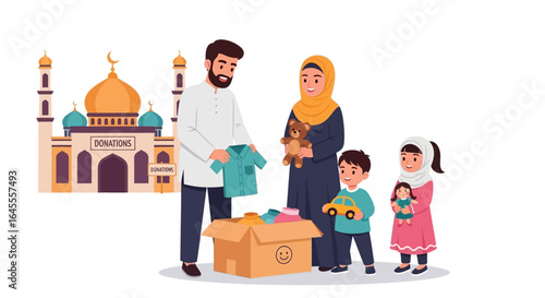 A Muslim family happily donating clothes and toys to a mosque for charity, symbolizing generosity and community support.