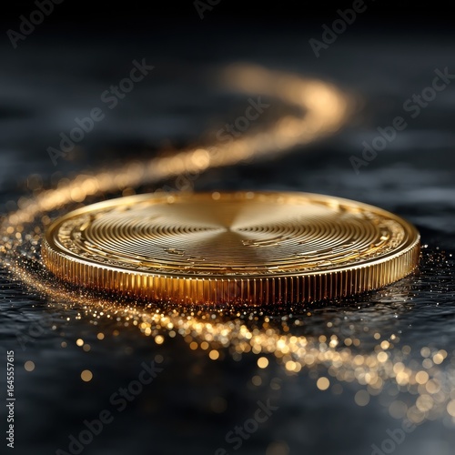 Golden Coin with Corrugated Edge Lying on a Dark Water Surface with a Trail of Glowing Golden Dust and Bokeh Lights