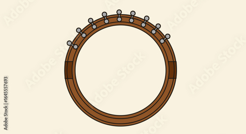 A simple illustration of a circular brown tambourine frame with metallic jingles attached.
