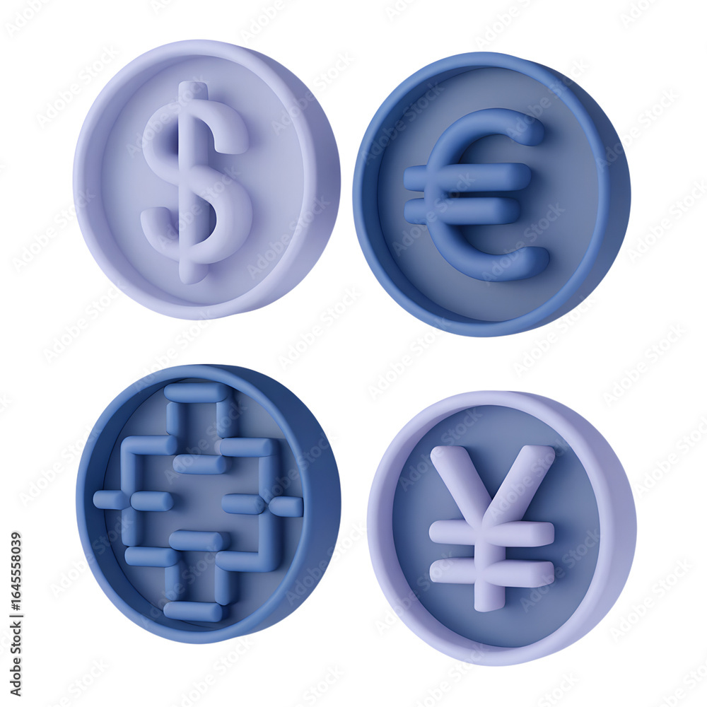 Obraz premium A digital rendering features four blue and white currency symbols dollar, euro, yen, and pound, arranged in a 2x2 grid