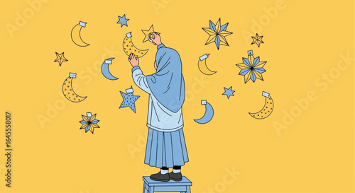 A person in blue robes reaching for celestial bodies against a yellow background.