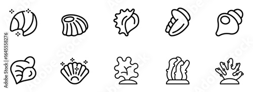 Ten Simple Line Art Icons: Seashells, Seaweed, and Coral; Clean, Modern Style; Underwater Theme; Perfect for Website, App, or Print Design.