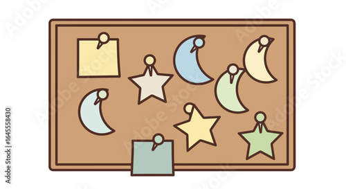 An illustrated cork bulletin board with colorful pinned notes shaped like stars, moons, and squares.