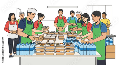 Volunteers diligently prepare and package meals and water for distribution, a community food initiative in action.