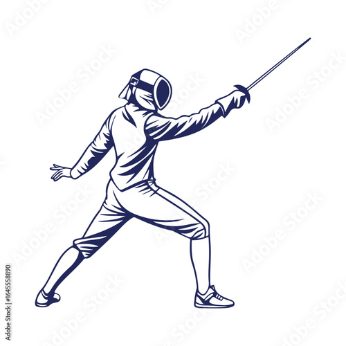 Fencing Sport Vector Illustration. Fencer in Mask and Protective Gear Holding Sword Isolated on White Background