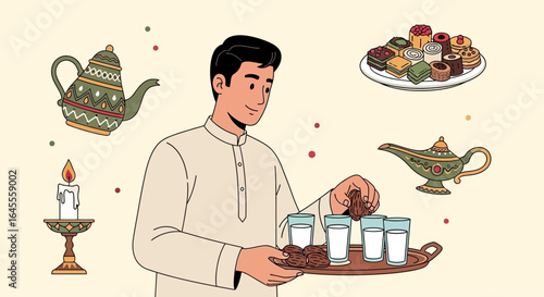 A man in traditional attire prepares a tray with glasses of milk and dates for a festive celebration.