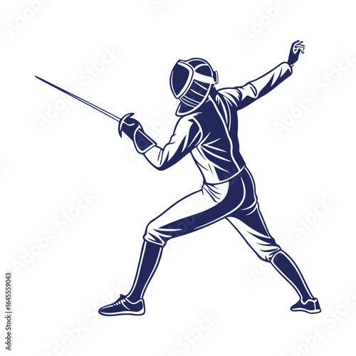 Fencing Sport Vector Illustration. Fencer in Mask and Protective Gear Holding Sword Isolated on White Background