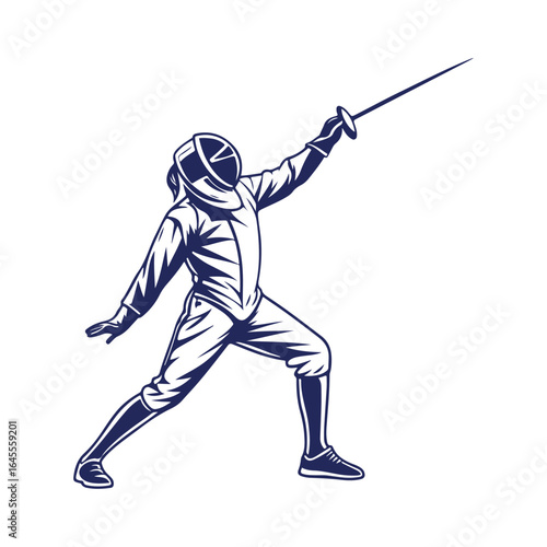 Fencing Sport Vector Illustration. Fencer in Mask and Protective Gear Holding Sword Isolated on White Background