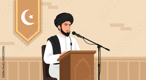 Illustration of a Muslim cleric giving a speech behind a wooden podium with a microphone, featuring a crescent moon and star banner.