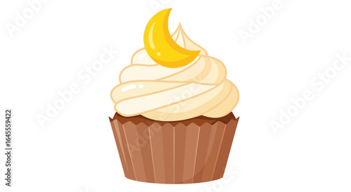 Illustration of a frosted cupcake with a brown wrapper and a crescent moon candy decoration on top.