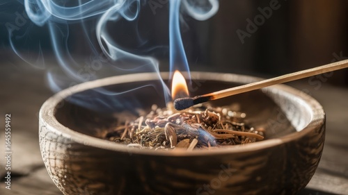 Burning herbs in wooden bowl with smoke fire flame