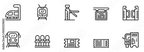 Modern Minimalist Line Art Icons: Public Transportation, Ticketing, and Station Amenities for Website or App Design.