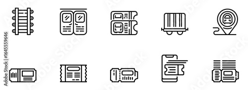 Train Travel Icons:  Modern Minimalist Black Line Art Set of Railway Tickets, Transportation, Location, and Cargo for Website or App Design.