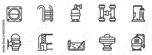 Clean Line Icons: Swimming Pool Equipment, Filtration System, and Accessories for Website or App Design.