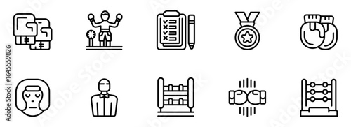 Boxing Icons:  A Collection of Line Art Graphics Featuring Boxing Gloves, a Boxer, Training Equipment, Scorecards, and Championship Medals; Perfect for Websites, Apps, and Fitness Branding.