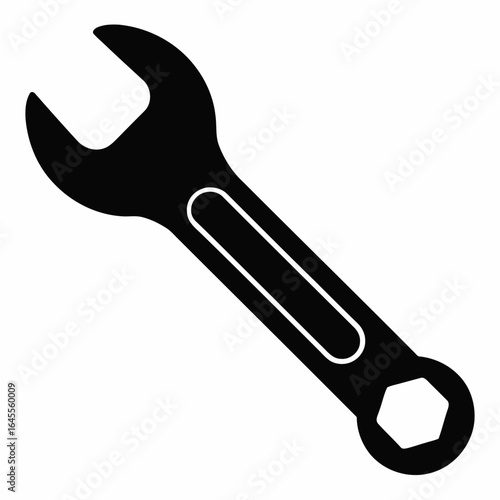 Black wrench icon, symbolizing maintenance and repair.
