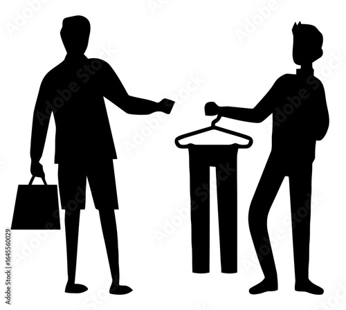 Two figures, one buying pants from another. A retail transaction.

