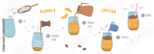 Hand drawn coffee bumble recipe illustration. Step by step colorful guide for making a coffee bumble drink. Vector artwork is for cafes and food blogs.