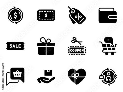 Set of black icons representing retail, sales, and discounts.
