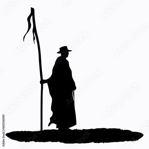 Silhouette of a pilgrim, walking with staff and banner.
