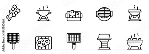 Collection of Simple Line Art Grill Icons:  Barbecue, Grilling Utensils, and Food Preparation Symbols for Summertime Designs.
