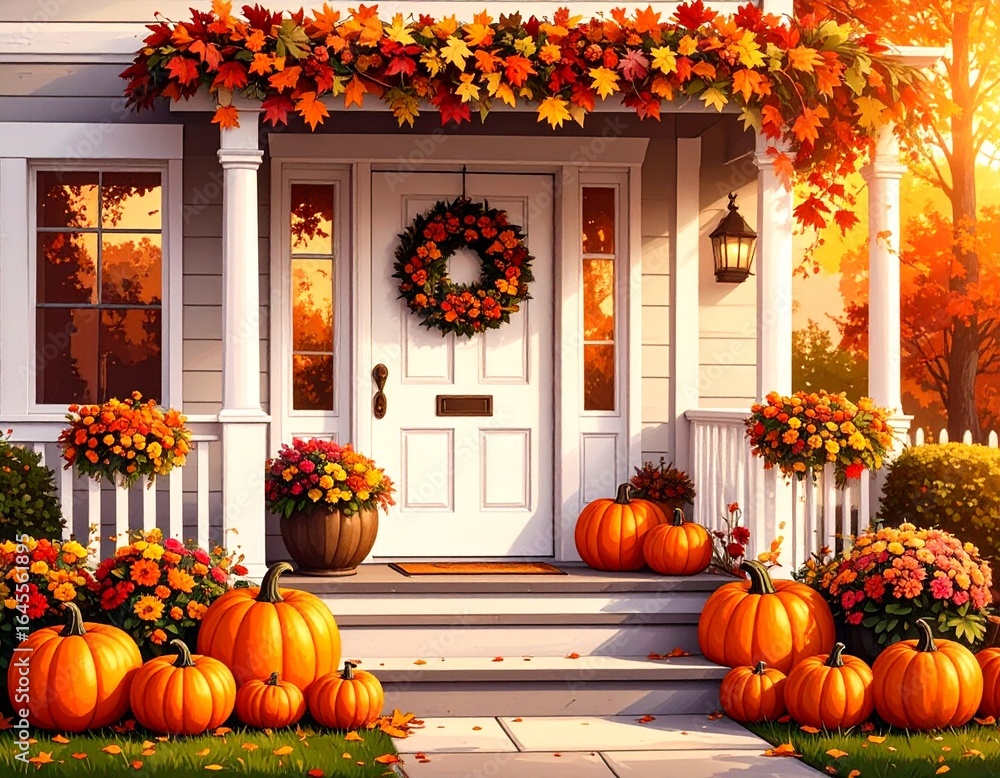 Obraz premium Cozy front porch with halloween pumpkins