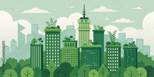Green Cityscape Flat Design, Rooftop Gardens, Eco-Friendly Urban Concept, Illustration Eco-city, Sustainable Architecture