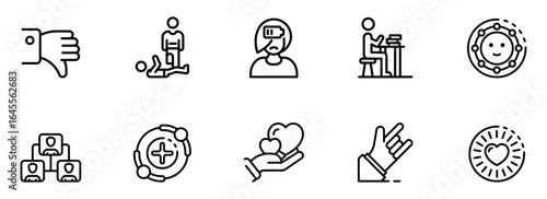 Collection of Minimalist Line Icons:  Thumbs Up, Thumbs Down, Teamwork,  Support,  Heart,  Stress,  Success, and Failure;  Modern, Clean, and Versatile Vector Graphics for Website and App Design.
