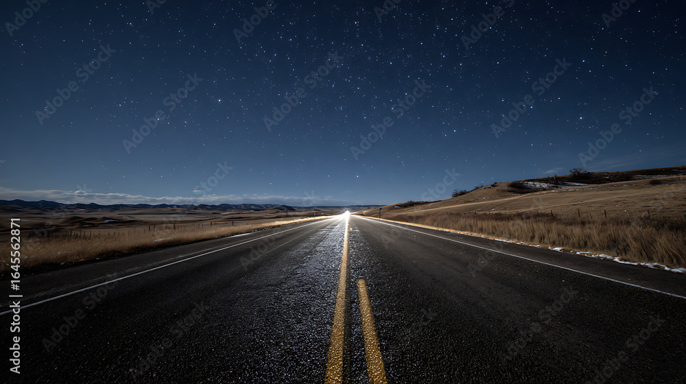 Fototapeta premium A deserted highway stretching towards a distant horizon under a clear, starry sky (3)