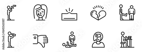 Line art icons depicting negative emotions, social issues, and relationship problems; including sadness, acne, rejection, bullying, low energy, and heartbreak; minimalist black and white style.