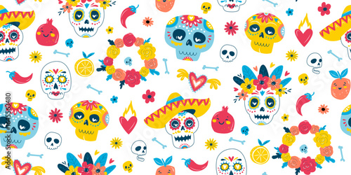 Colorful Dia de los Muertos Folk Seamless Pattern, Sugar Skulls, Skeletons, Flowers. Mexican Day of the Dead Celebration Art, Festive Vector Illustration Design. Cute and Colorful Calavera Pattern