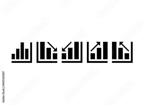 Set of black bar chart icons representing various data trends, including growth, decline, and analysis. Minimalist vector style, perfect for business reports, infographics, presentations, websites, an