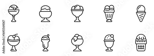 Ten Outline Icons: Ice Cream Sundaes, Cones, and Cups; Minimalist Black and White Style; Sweet Treats Menu Graphic Design.