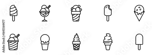 Ten Delightful Ice Cream & Popsicle Icons:  Summery, Minimalist Line Art Graphics for Web, App, and Print Designs.