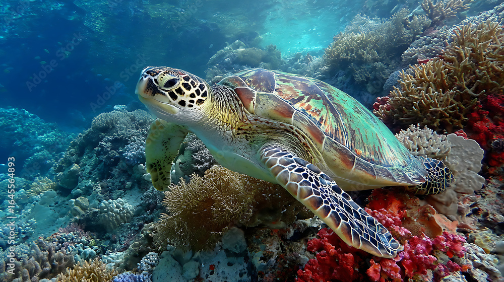 Fototapeta premium A green sea turtle drifting close to the vibrant coral reef scene (3)