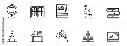 Modern Line Art Icons: Education, Science, Research, and Technology Symbols;  Global Learning, Experimentation, and Digital Communication Concepts.