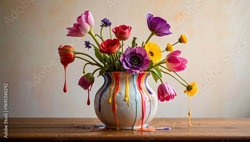 A colorful bouquet of pink and yellow tulips in a vase with beautiful blossoms in spring