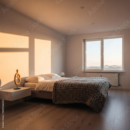 Cozy bedroom with a large knitted blanket and warm sunlight streaming through the window, creating a serene and inviting atmosphere.