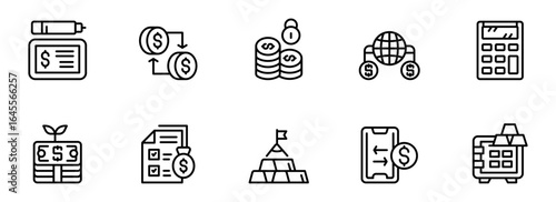 Modern Line Icons: Global Finance, Investment, Banking, and Secure Transactions;  Growth, Wealth, and Financial Success Concepts.