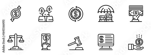Modern Line Icons: Finance, Banking, Investment, Law, and E-commerce;  Clean, Minimalist Style;  Neutral, Professional Mood.