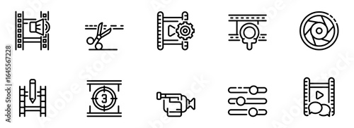 Filmmaking and Video Editing Icons:  Clean Line Art Style, Modern and Minimalist Design,  Professional Workflow Graphics for Website or App.