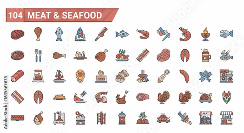 A collection of 104 illustrated meat and seafood icons.
